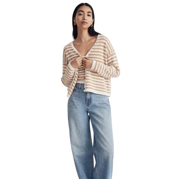 Madewell Open Stitch Cardigan Sweater In Stripe Earthen Sand Size L - Picture 5 of 10